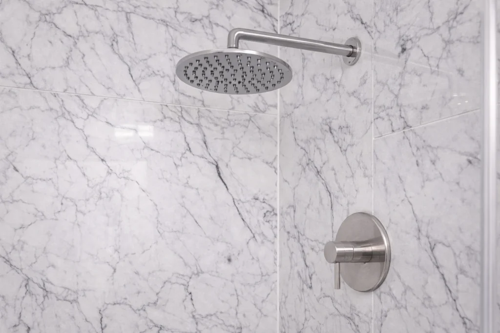 One-day bathroom remodel on Merrill Avenue in Neptune City, NJ featuring a modern rain shower head installed against marble-look wall tile.