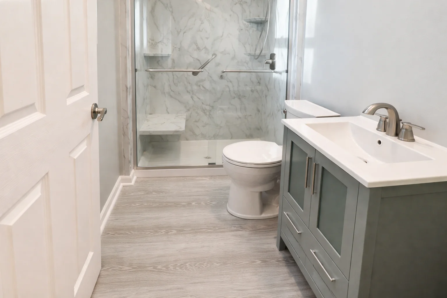 Completed walk-in shower and vanity after a Neptune City NJ bathroom remodel
