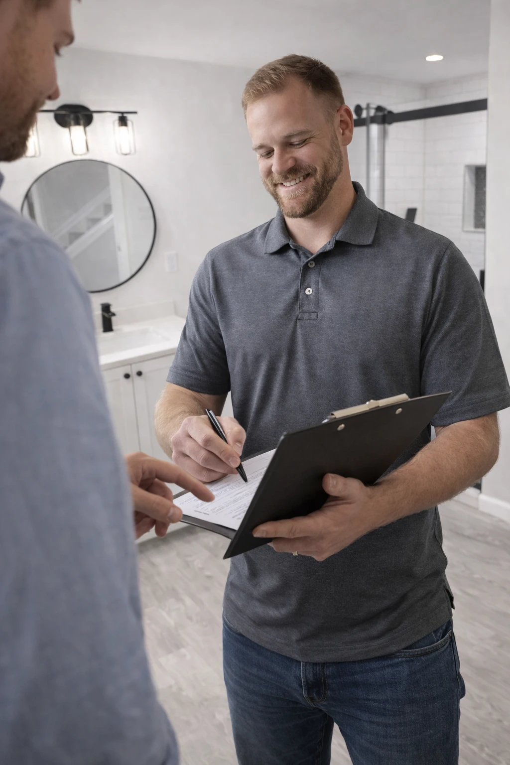 Bathroom remodeler project review in Neptune City, NJ with a contractor explaining plans and documentation to a homeowner inside a newly remodeled bathroom.