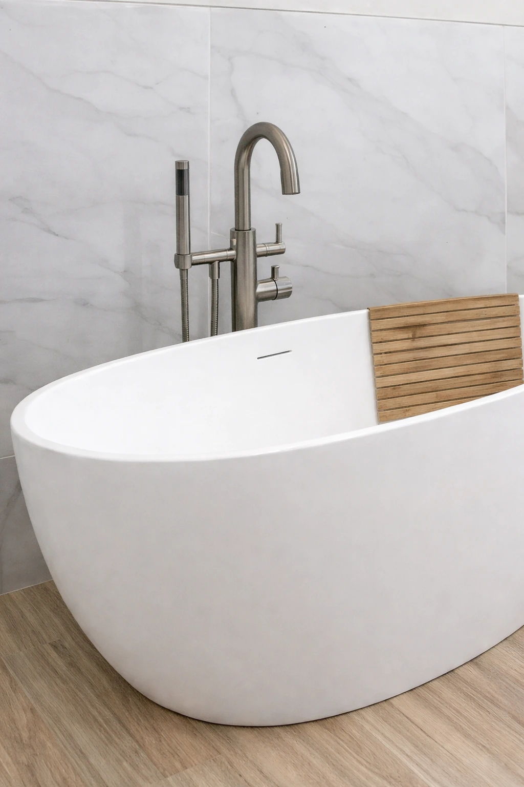 Freestanding soaking tub in a Freehold NJ bathroom remodel by Gold Standard Bathrooms