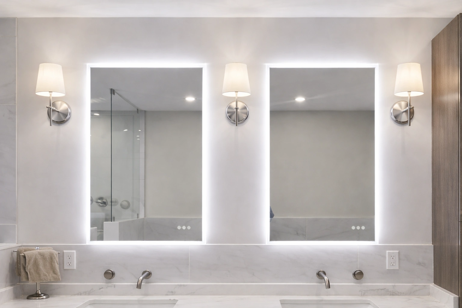Double vanity mirrors with built-in LED lighting installed during a bathroom remodeling project in Freehold, NJ.
