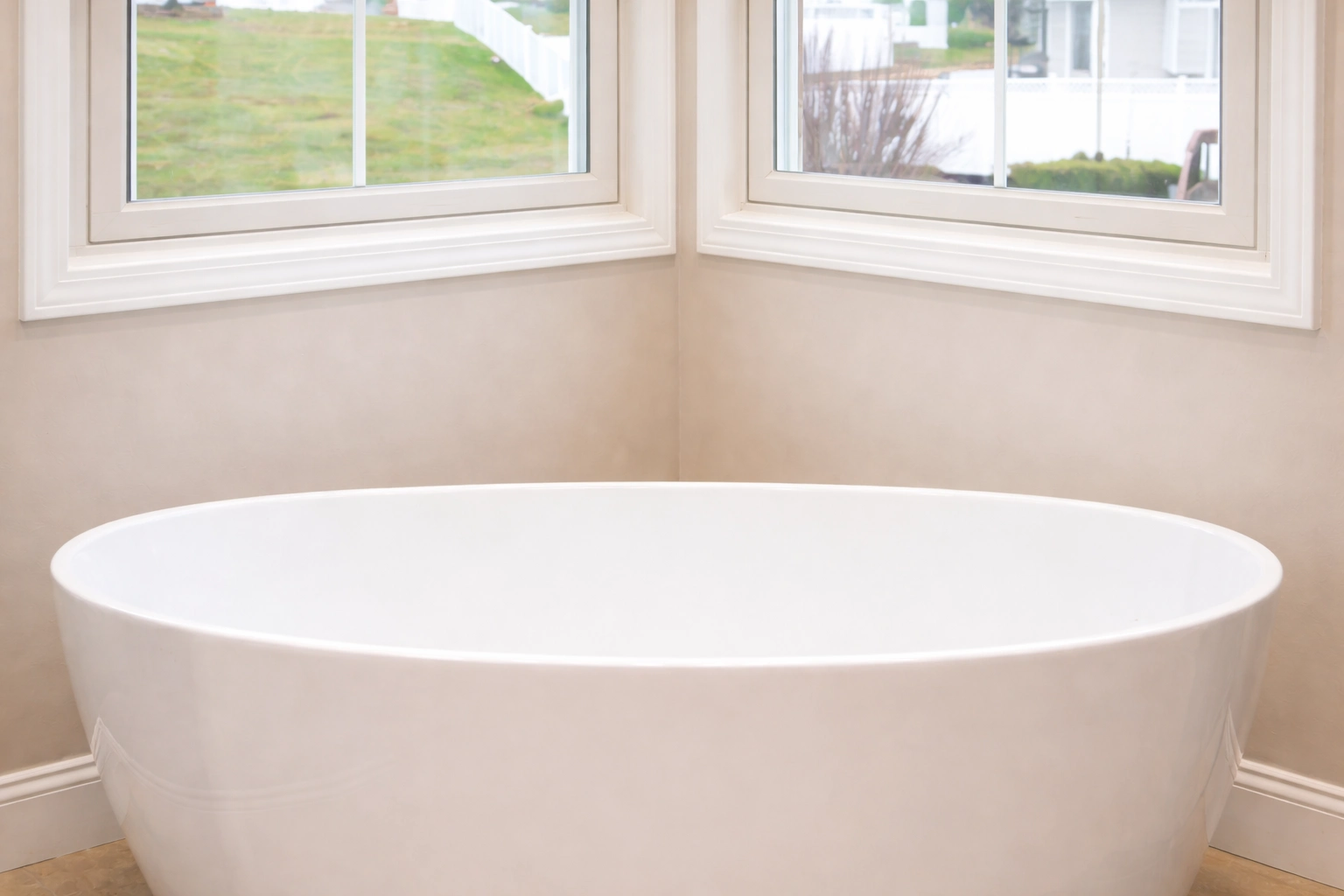 Freestanding bathtub positioned by corner windows as part of a bathroom remodeler design in Manalapan Township, NJ.