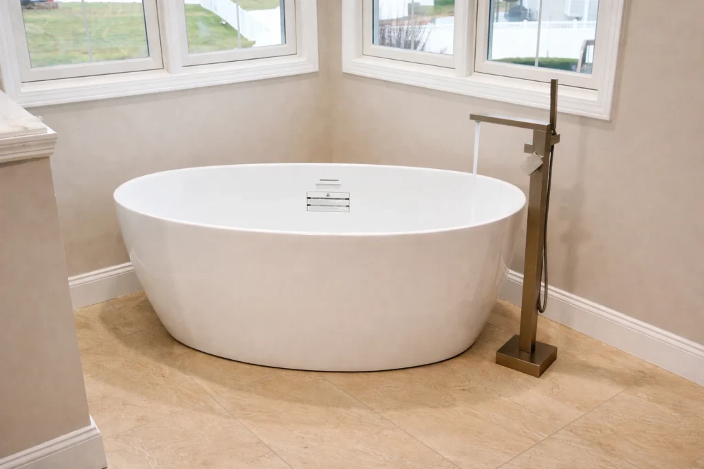 Freestanding soaking tub with floor-mounted faucet installed as part of a bathroom remodeler project in Manalapan Township, NJ.