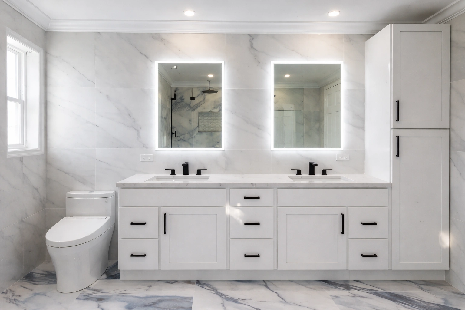 Double sink vanity with LED mirrors in a Marlboro NJ bathroom remodel