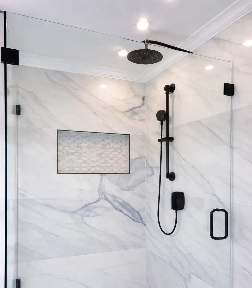 Walk-in shower with marble tile walls in a Marlboro NJ bathroom remodel