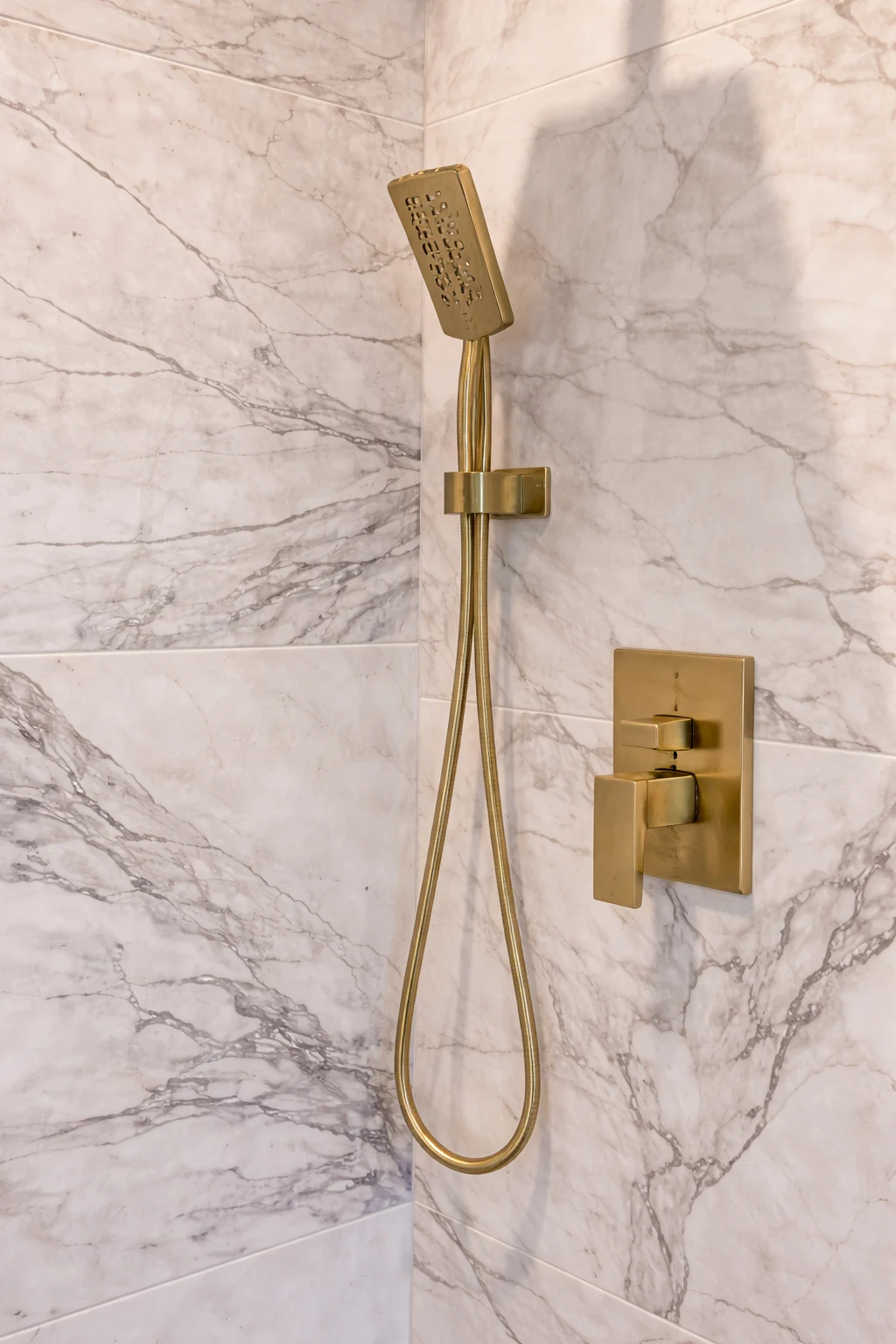 Wall-mounted brass handheld shower with marble tile surround featured in a custom bathroom remodeling project in Morganville, NJ.