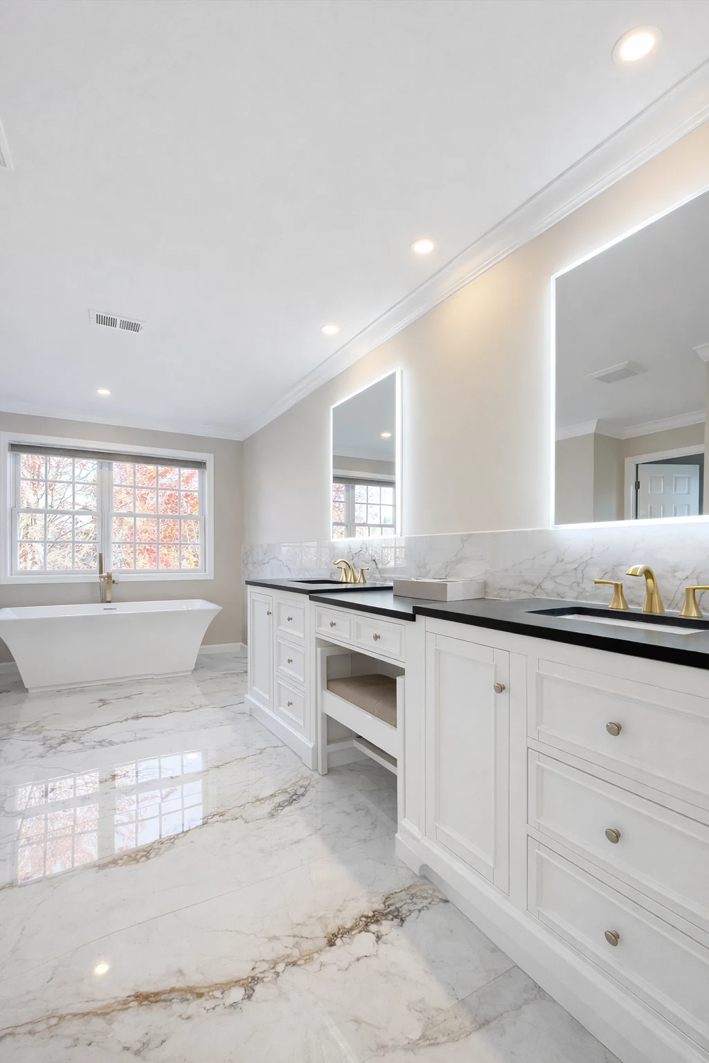 Double vanity and freestanding tub in a Morganville NJ bathroom remodel