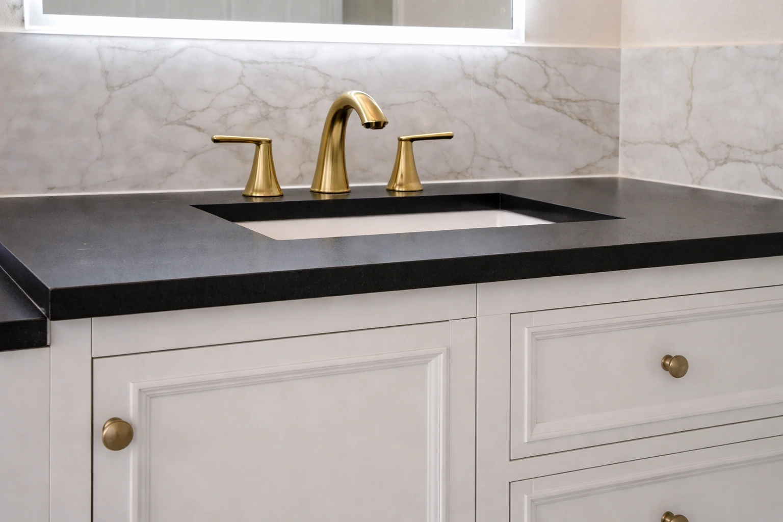 Close-up of a brass bathroom sink faucet installed on a custom vanity during a bathroom remodeling project in Morganville, NJ.