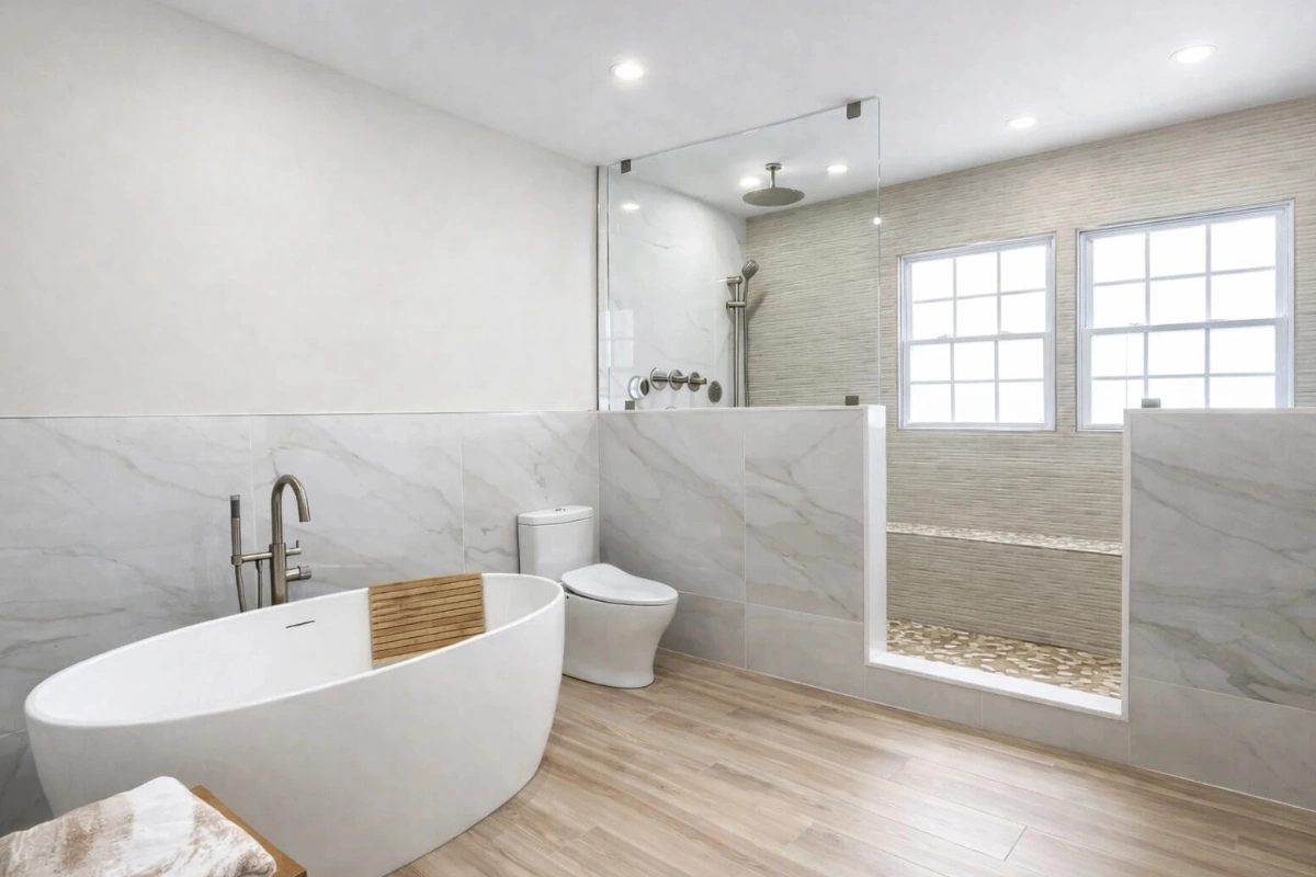 Open-concept bathroom remodeling in Neptune City, NJ with a freestanding soaking tub, walk-in shower, marble-style tile walls, and wood-look flooring.