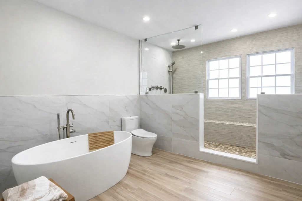 Open-concept bathroom with freestanding soaking tub, walk-in shower, and modern tile finishes as part of a bathroom remodeling project in Freehold, NJ.