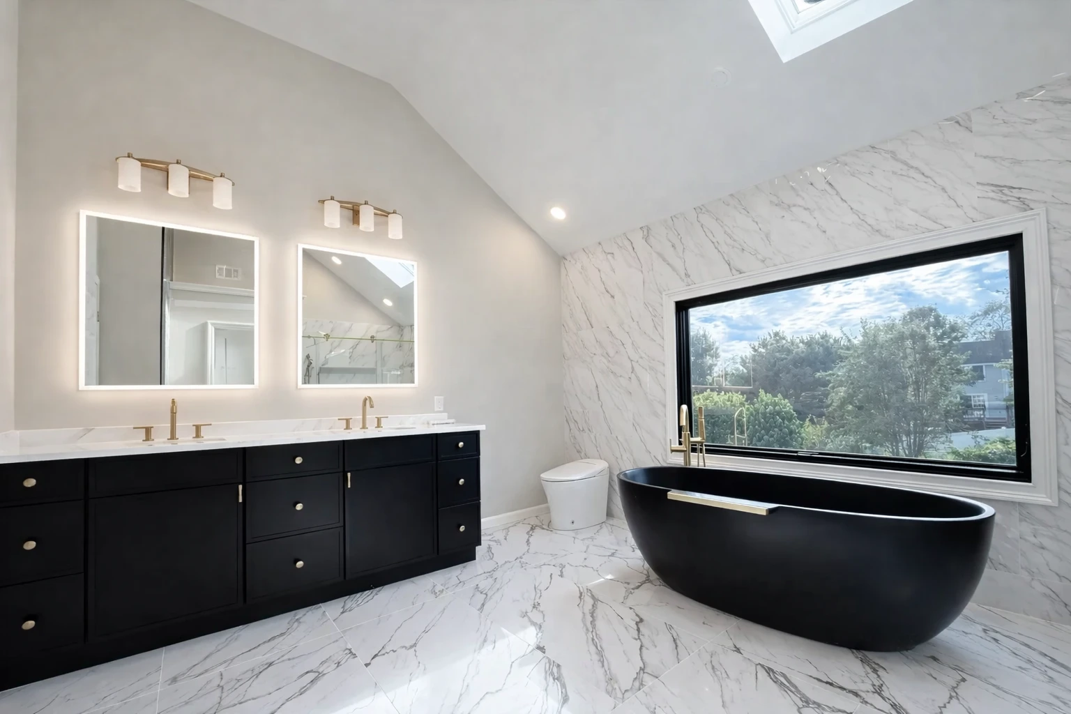 Open concept luxury bathroom remodeling featuring a black soaking tub, double vanity, marble flooring, and natural light in South Brunswick, NJ.