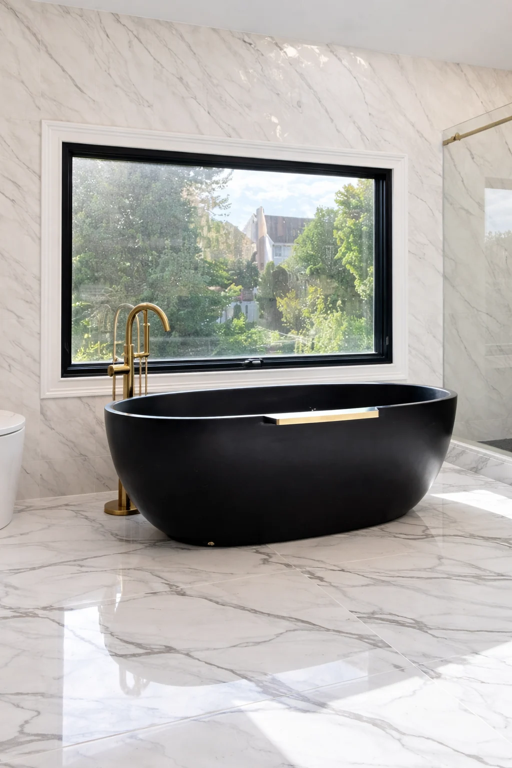 Freestanding soaking tub with natural light in a South Brunswick NJ bathroom remodel