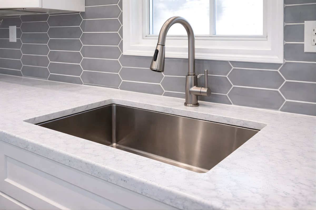 Undermount stainless steel kitchen sink with gray tile backsplash featured in a kitchen remodeling project in Berkeley Township, NJ.