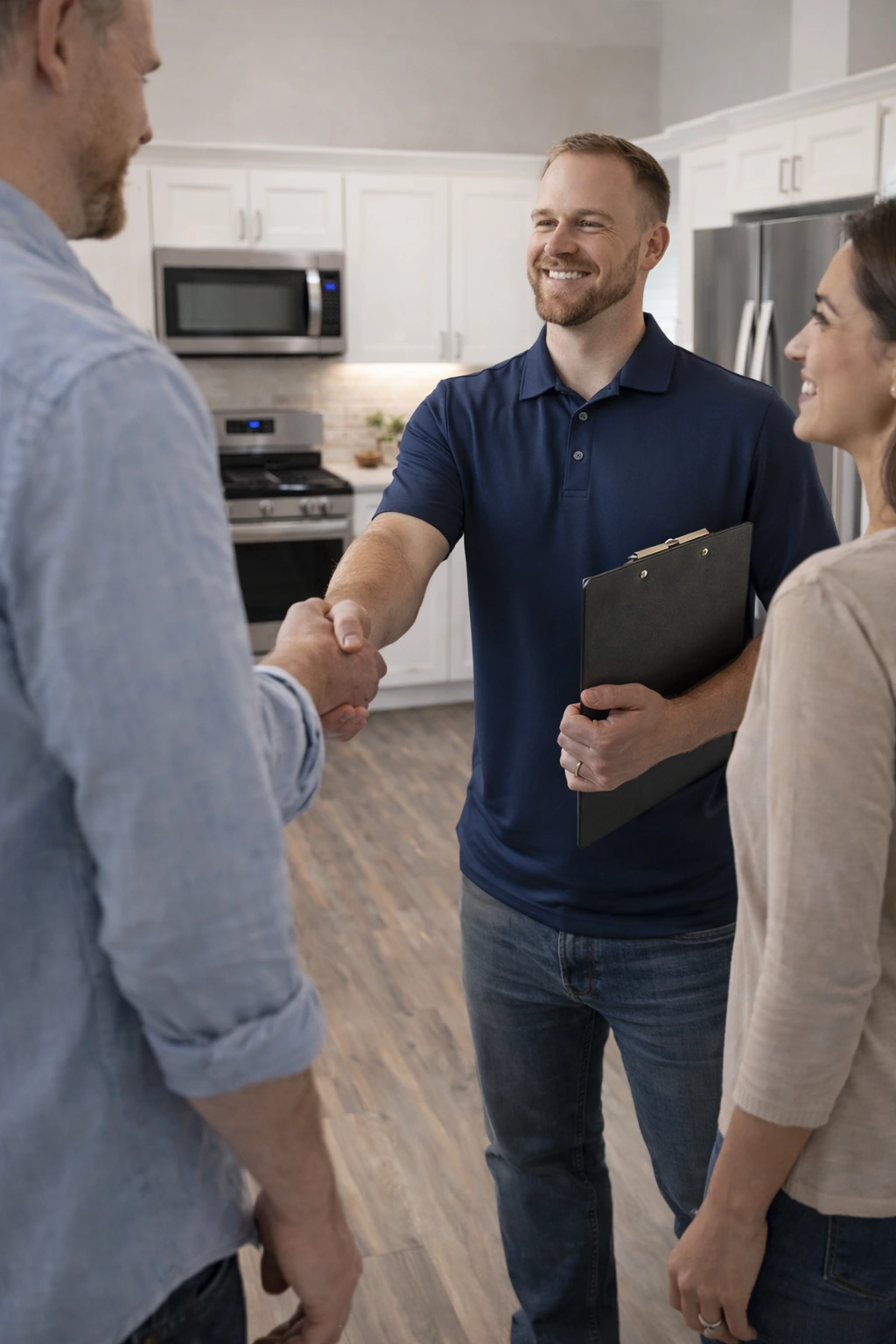 Professional kitchen remodeling consultation in Neptune City, NJ showing a licensed contractor meeting with homeowners to discuss a home improvement project.