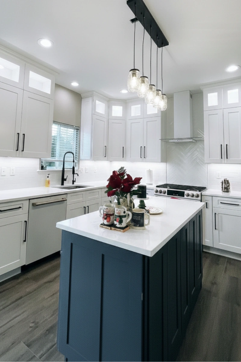Navy island with white shaker cabinets in a Matawan NJ kitchen remodel