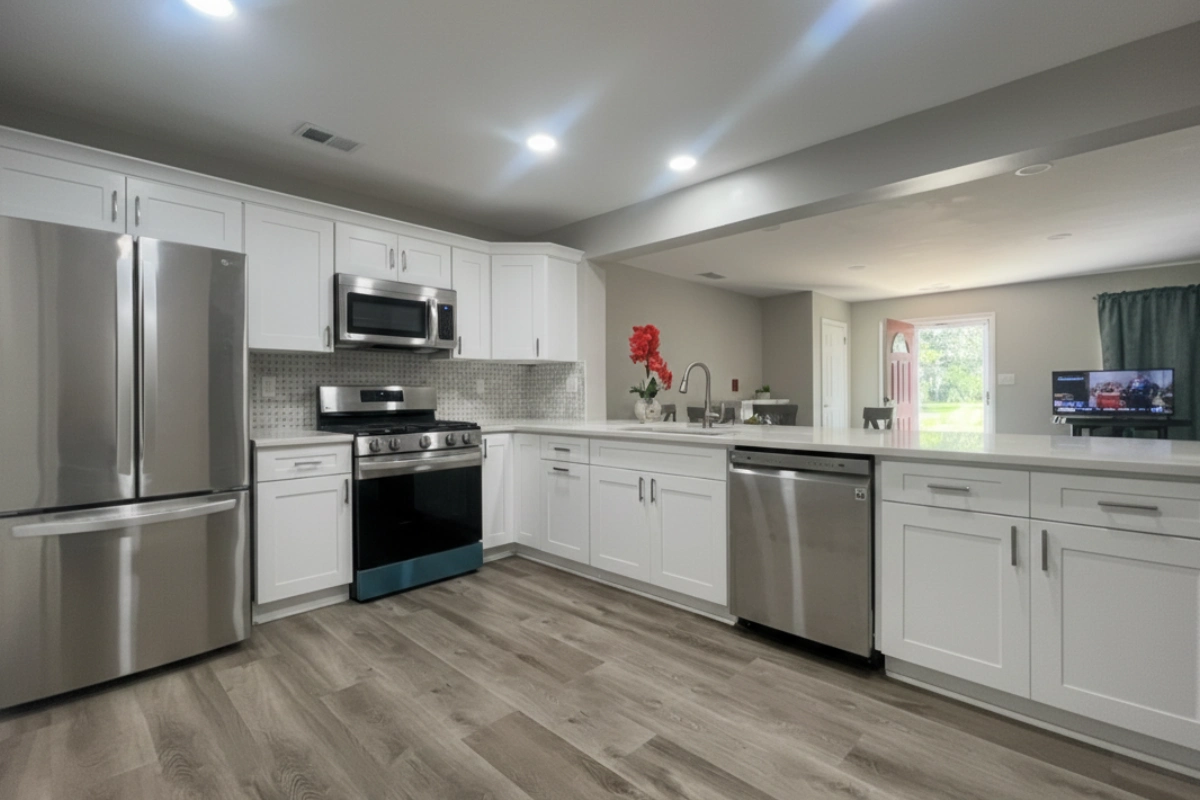 White shaker cabinets with stainless appliances in a Matawan NJ kitchen remodel