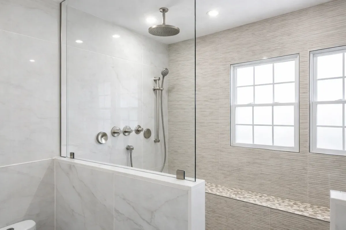 Walk-in glass shower with custom tile work in a small bathroom remodel