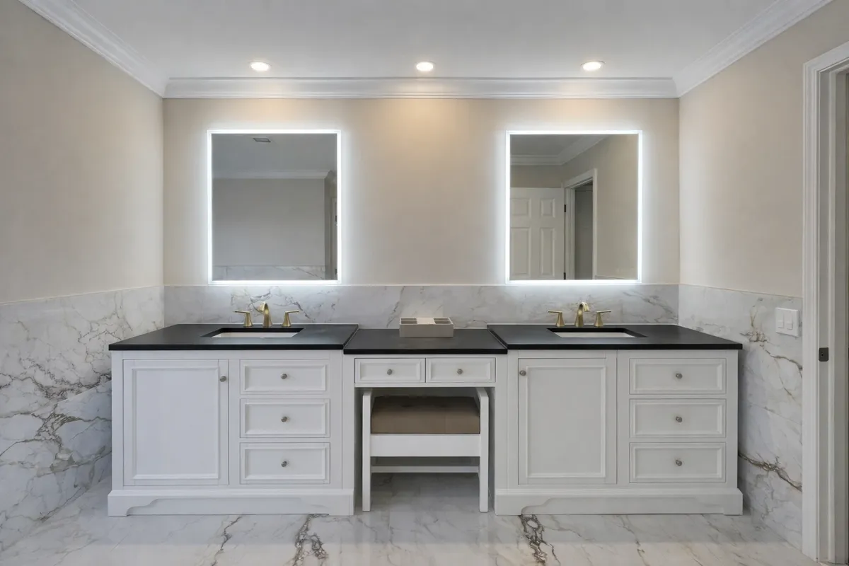 Space-saving double sink vanity installed by Gold Standard Bathrooms in Neptune City NJ