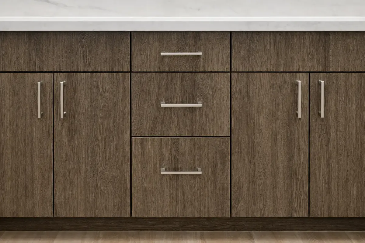 Custom wood vanity cabinets with quartz countertop by Gold Standard Bathrooms