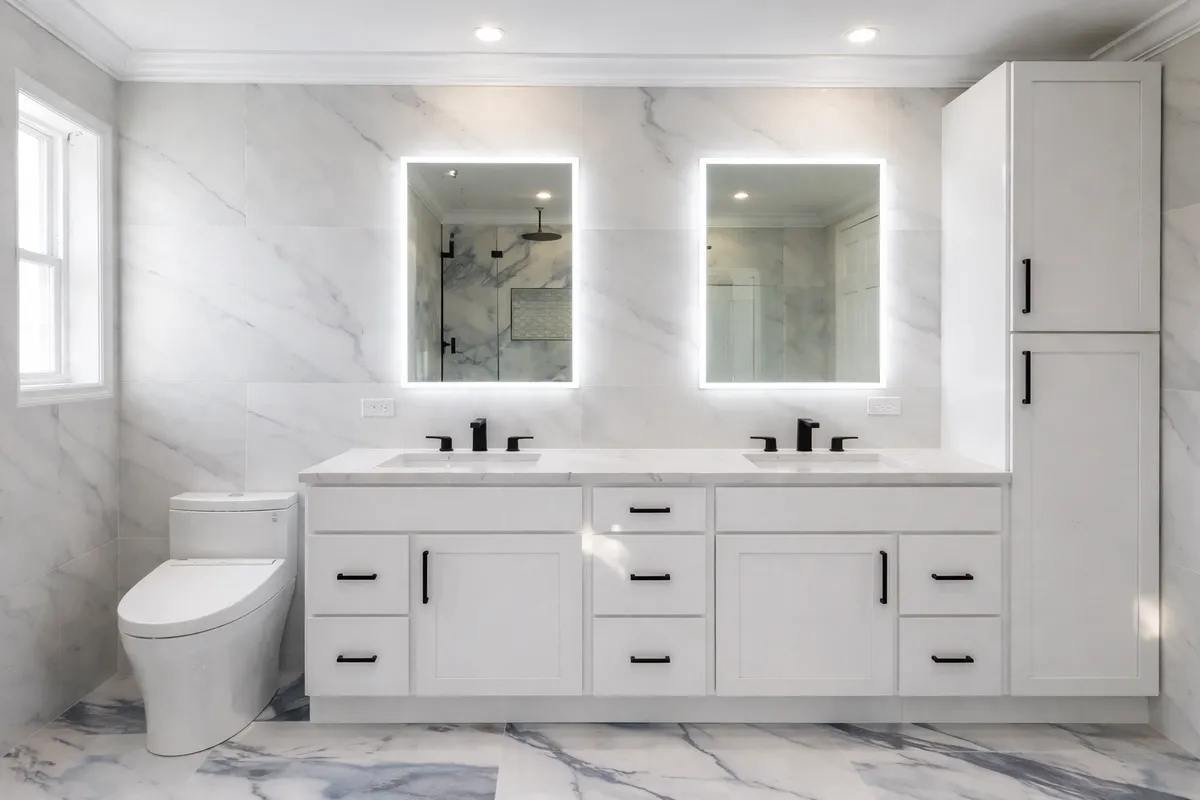 Double sink vanity with LED backlit mirrors installed by Gold Standard Bathrooms in Neptune City NJ